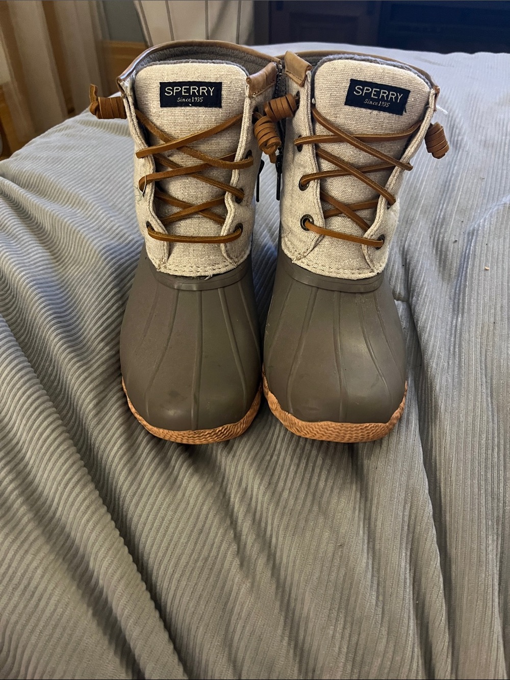 Sperry Olive Brown and Cream Waterproof Duck Boots